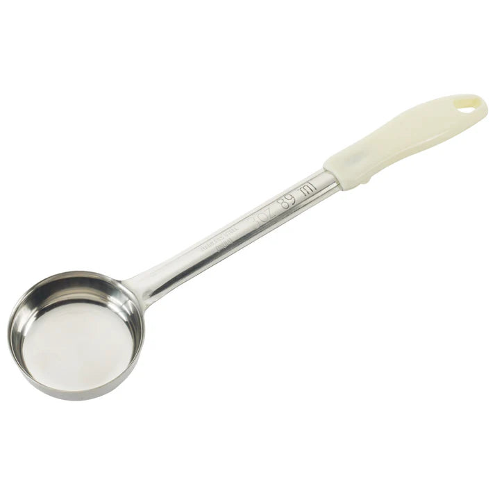Dosificadores de acero inoxidable de una sola pieza con mango blanco de 3 oz WINCO FPS-3