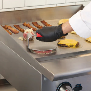 Prensa para hamburguesas de acero inoxidable 18/8 de una sola pieza  con funda de silicona roja WINCO SWS-6