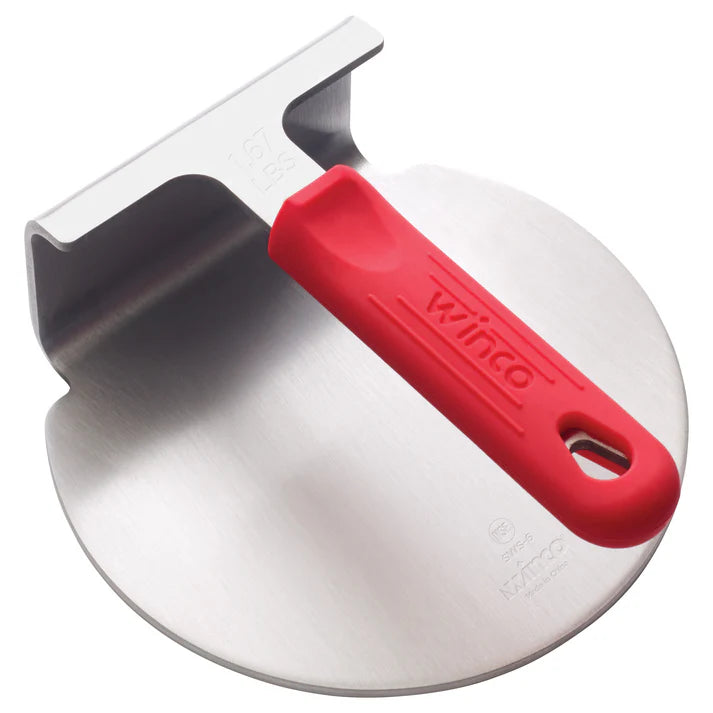 Prensa para hamburguesas de acero inoxidable 18/8 de una sola pieza  con funda de silicona roja WINCO SWS-6